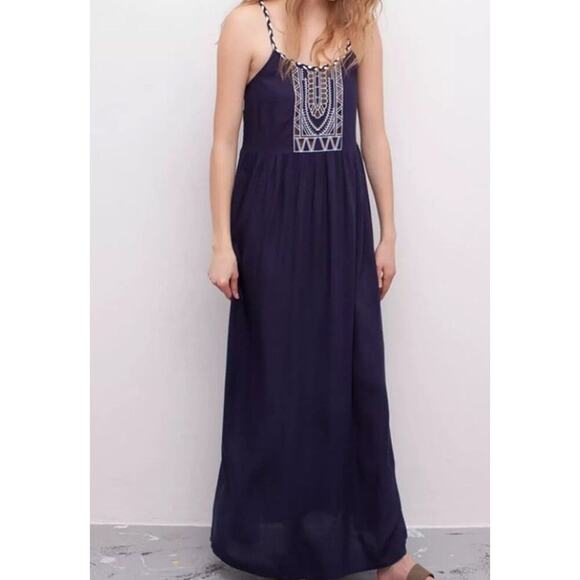 Pull & Bear Navy Embroidered Maxi Dress Sleeveless Racerback Braided Strap Sz S - Picture 1 of 16
